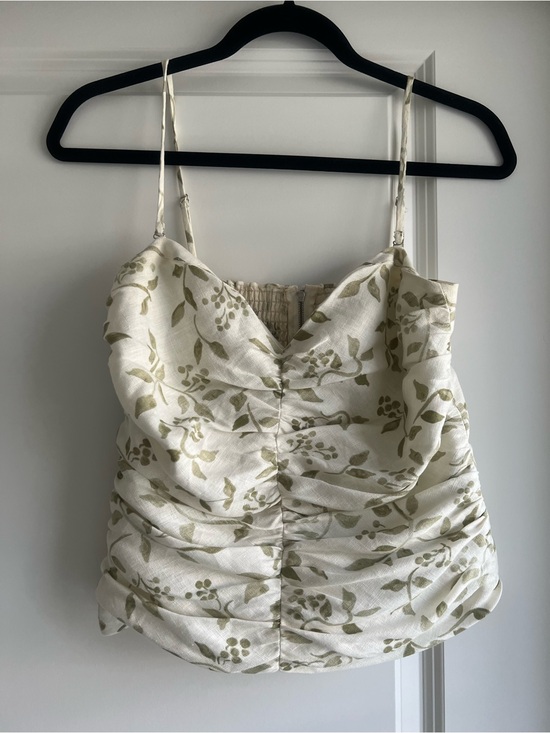 Reformation Tops - Reformation Linen Floral Ruched Spaghetti Strap Tank Top - White & Olive